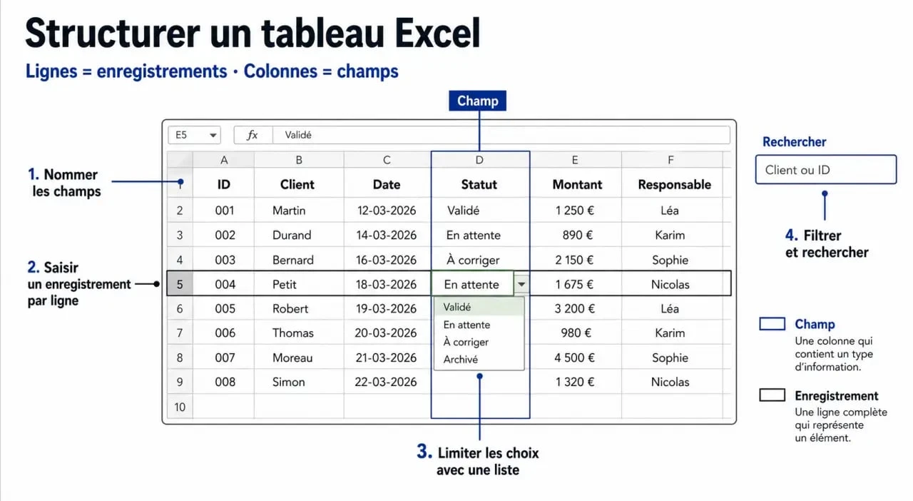 Base de données excel illustrée dans Excel avec tableau structuré, validation de données et recherche