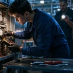 Métier bac pro qui gagne bien : technicien électrique en alternance vérifie un tableau industriel