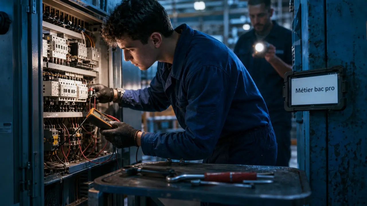 Métier bac pro qui gagne bien : technicien électrique en alternance vérifie un tableau industriel