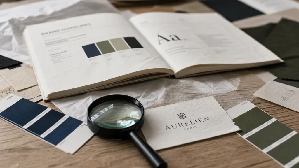 Signification couleur logo : bleu profond et vert encre, échantillons de charte graphique