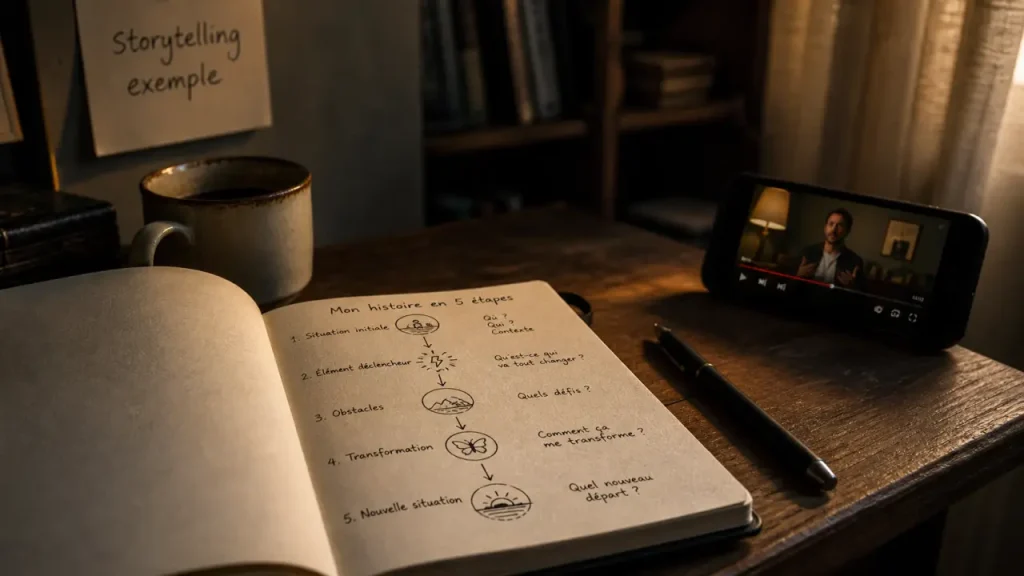 Storytelling exemple : carnet avec schéma en cinq étapes