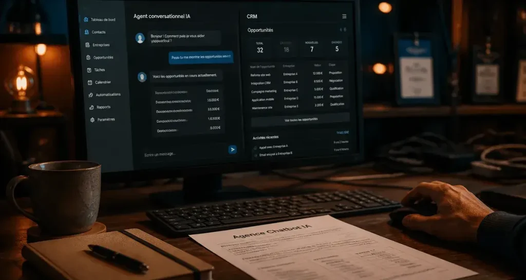 Agence chatbot IA : écran IA relié CRM pour relation client automatisée