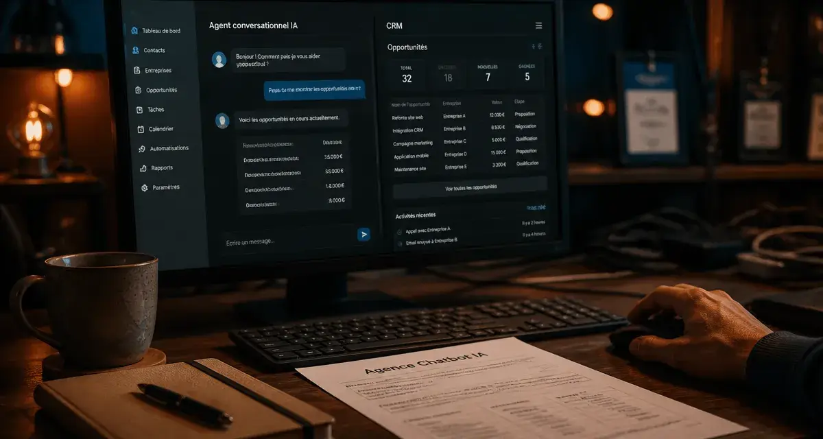 Agence chatbot IA : écran IA relié CRM pour relation client automatisée