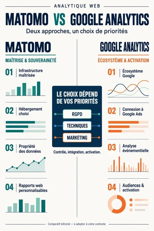 Infographie comparative Matomo vs Google Analytics sur les données, le RGPD et les fonctionnalités