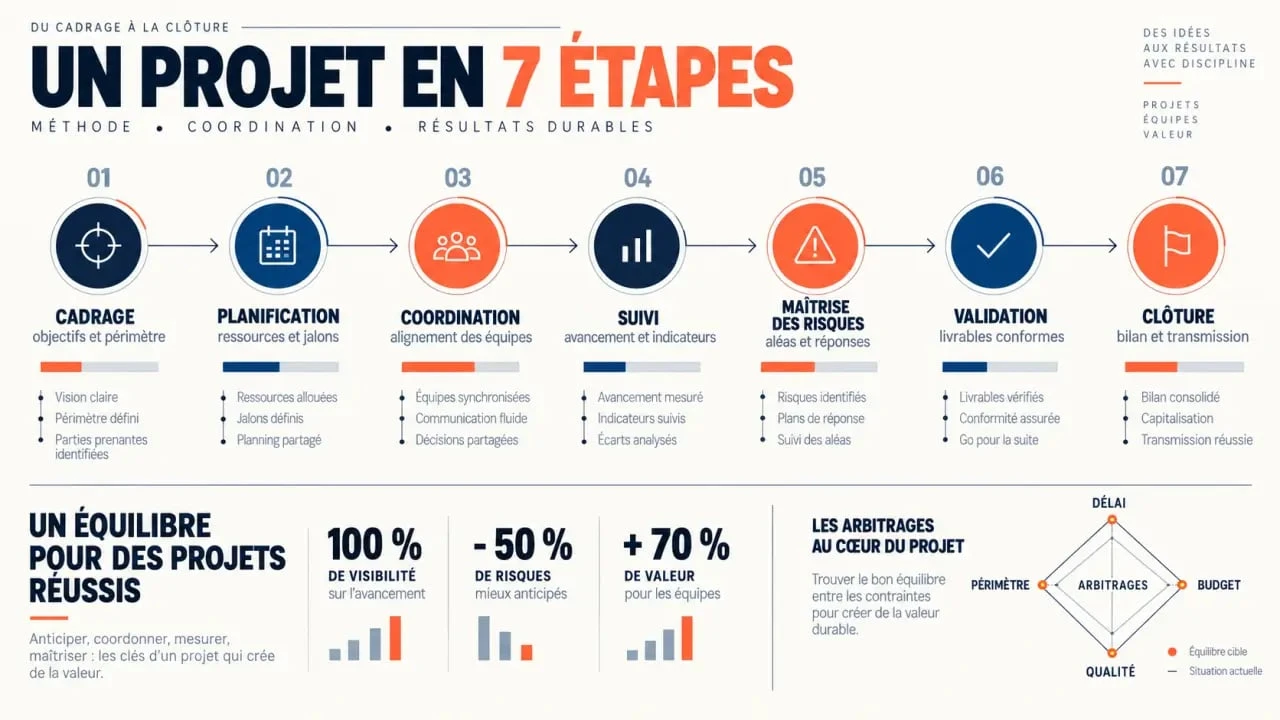 Infographie du cycle de la direction de projets et de ses principales responsabilités