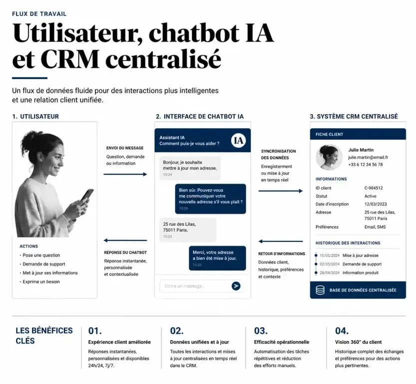 Schéma illustrant le fonctionnement d'une agence chatbot IA connectée à un CRM