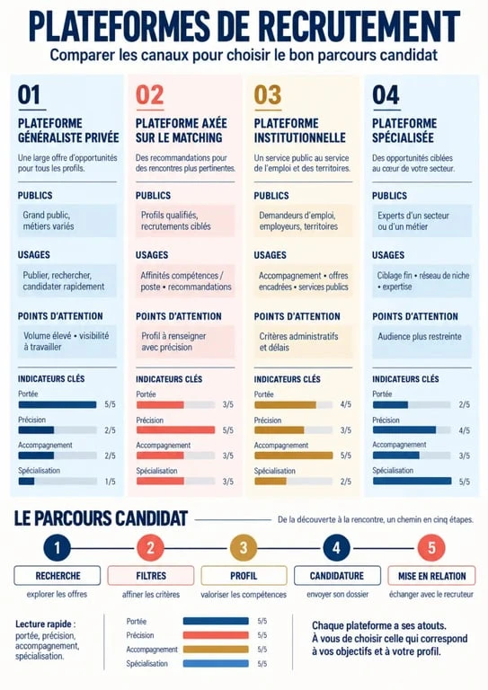 Infographie comparative des plateformes de recrutement selon le profil et les objectifs du candidat