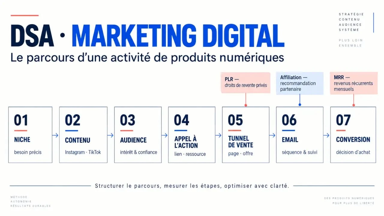 Formation DSA marketing digital : schéma du parcours entre contenu, audience, tunnel de vente et modèles MRR ou PLR