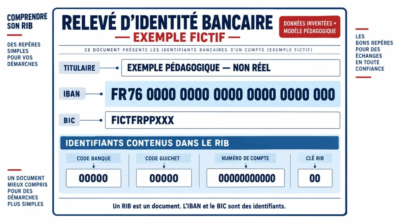 Relevé d’identité bancaire annoté avec l’IBAN, le BIC et les principaux identifiants du compte