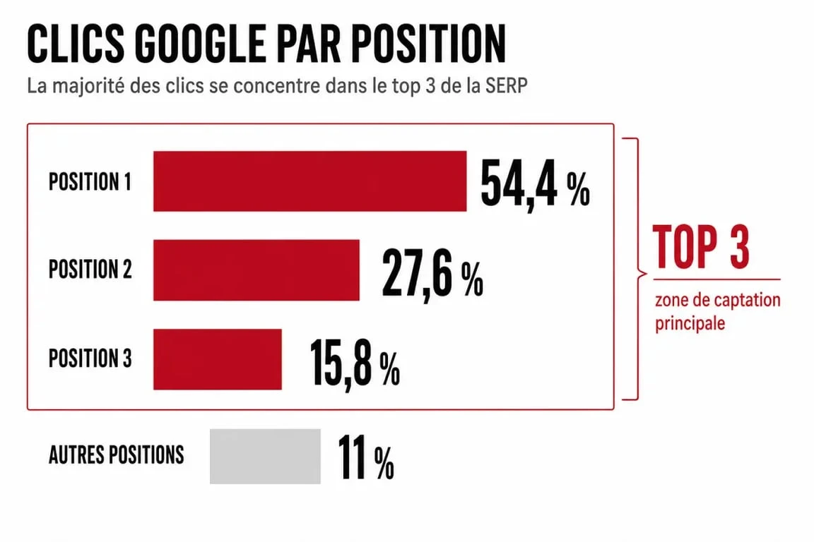 Ranker seo : répartition des clics Google selon la position dans le top 3