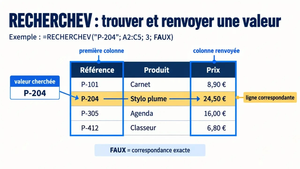 Schéma du fonctionnement de RECHERCHEV Excel avec valeur cherchée, ligne correspondante et colonne renvoyée