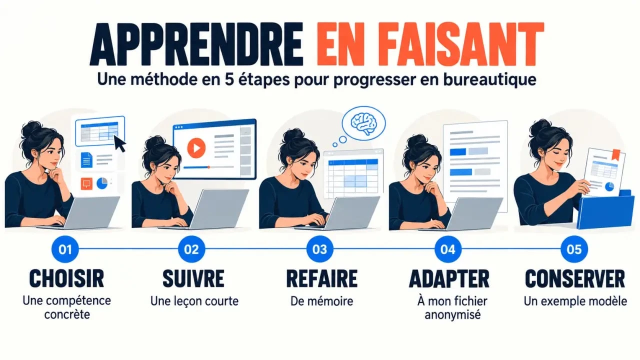 Méthode d'apprentissage d'une formation en ligne bureautique en cinq étapes