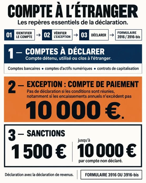 Déclaration compte étranger : comptes concernés, exception à 10 000 € et formulaires 3916