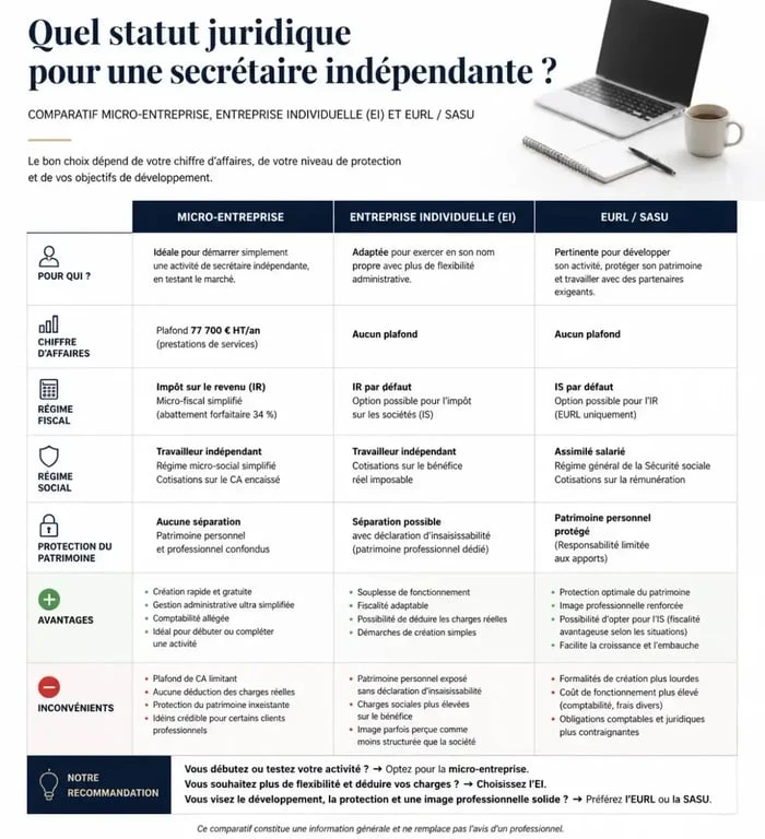Comparatif des statuts juridiques pour devenir secrétaire auto-entrepreneur