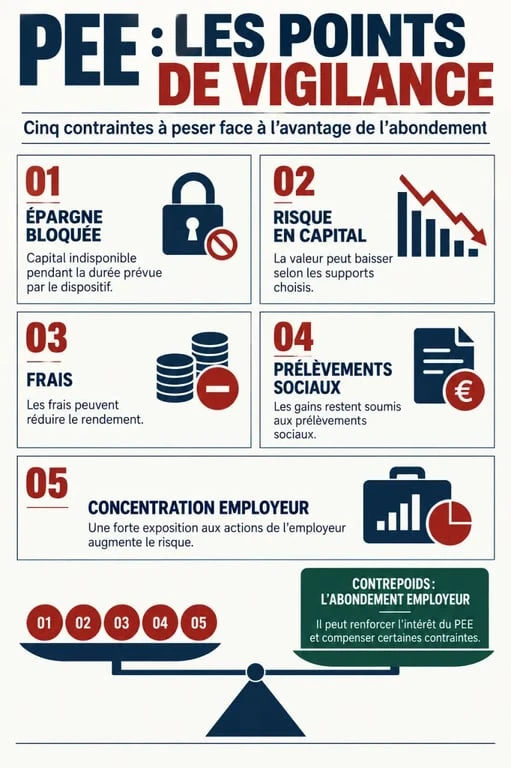 Infographie sur l’inconvénient du plan épargne entreprise : blocage, risque, frais et fiscalité