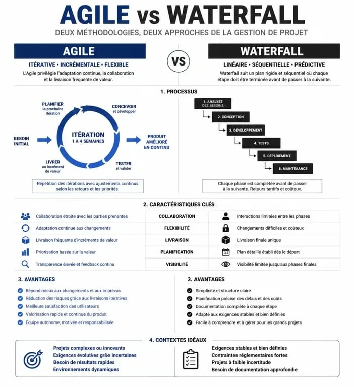 Infographie comparative des méthodologies Agile et Waterfall pour choisir son logiciel de gestion de projet