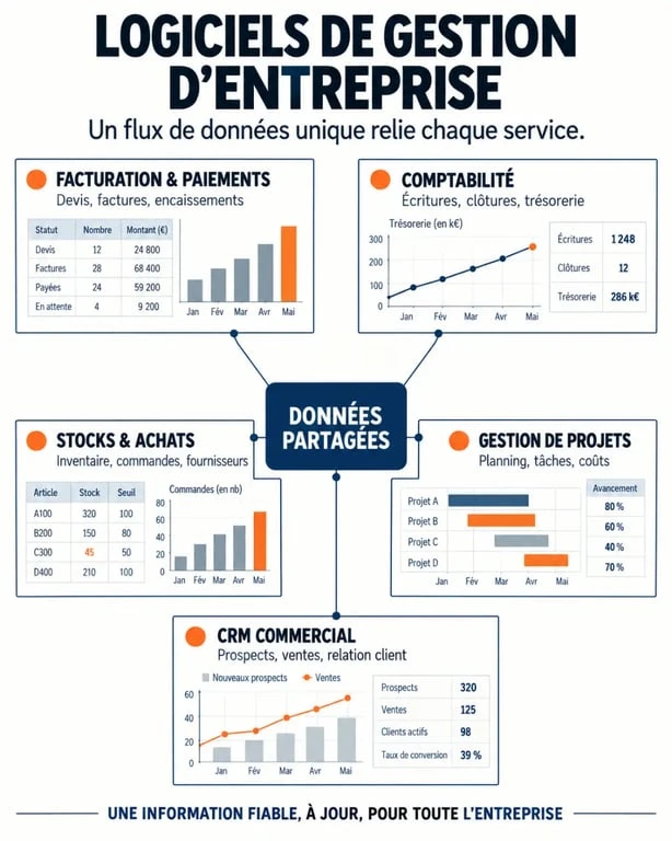Infographie des principaux types de logiciels de gestion et de leurs usages en entreprise