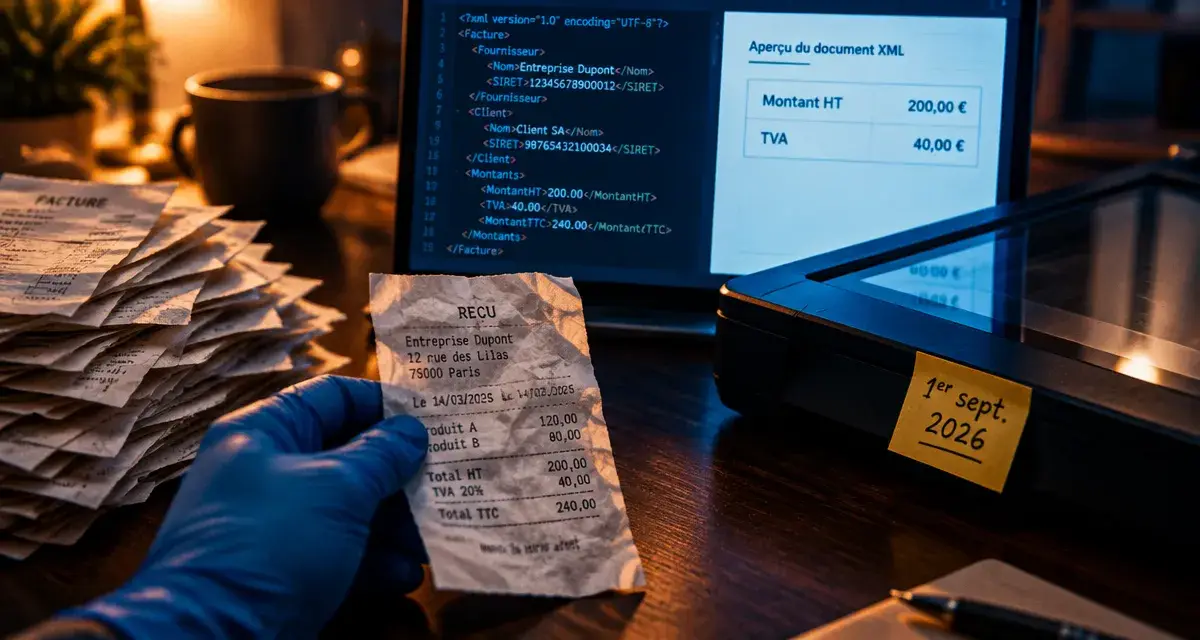 Dématérialisation factures fournisseurs : factures papier scannées et XML sur écran, 2026