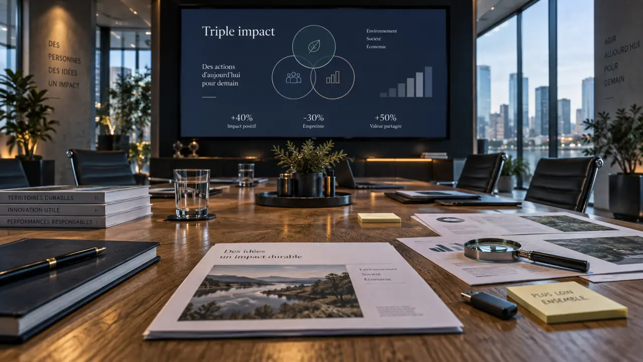 Développement durable dans les entreprises : tableau Triple impact en salle de réunion