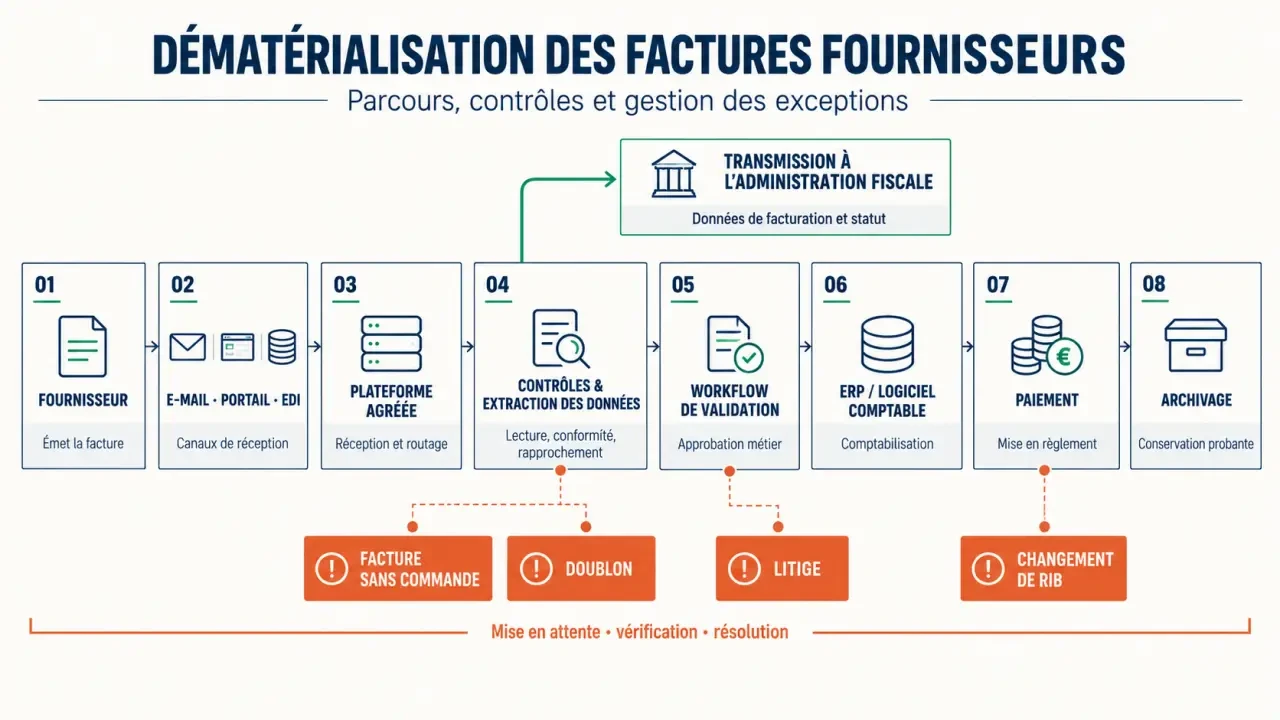 Schéma du parcours de dématérialisation des factures fournisseurs, de la réception à l’archivage