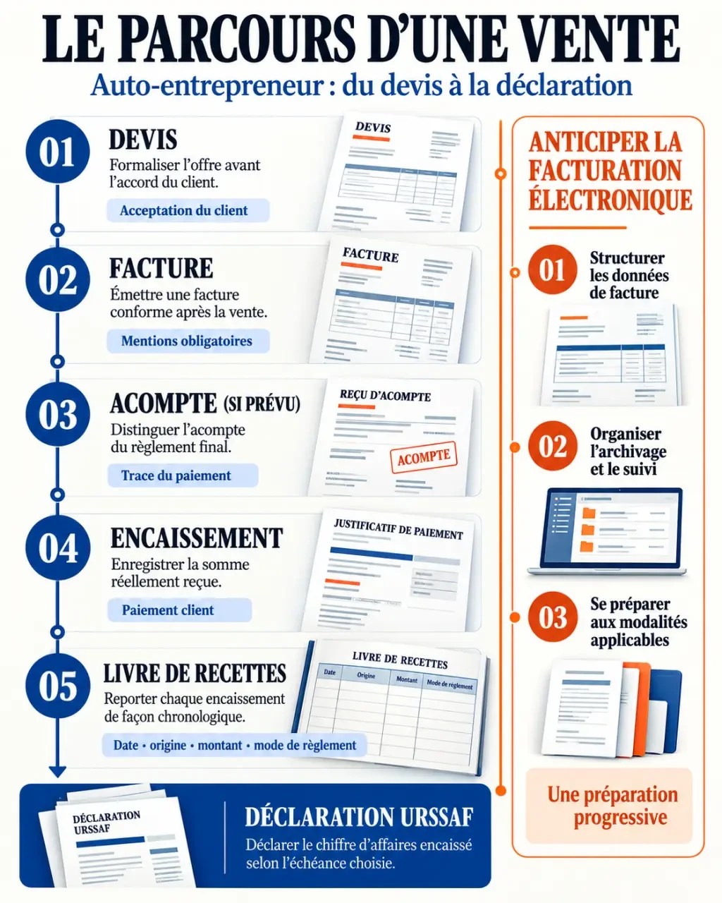 Logiciel facture auto entrepreneur : parcours du devis à l'encaissement et à la déclaration Urssaf